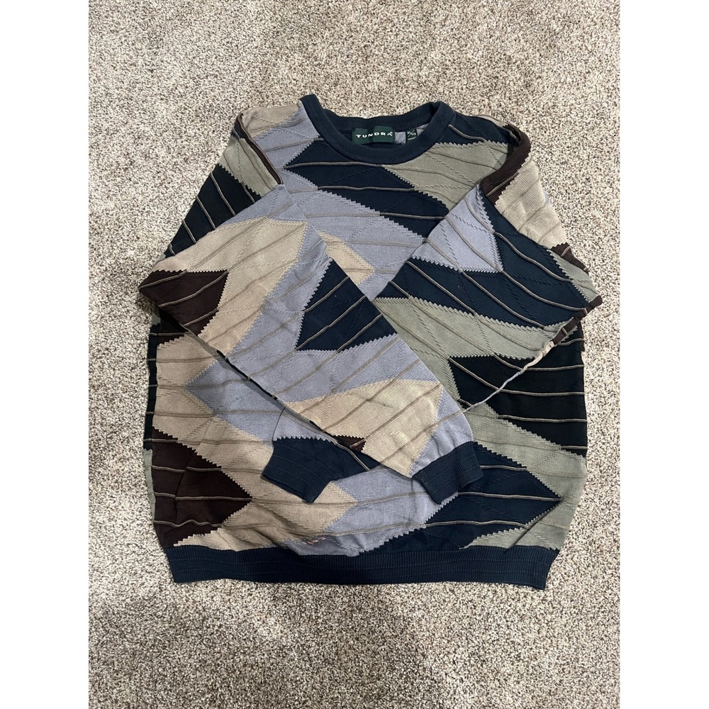 Tundra Canada Mercerized Cotton 3D Textured Knit‎ Sweater Mens XL Geometric Blue